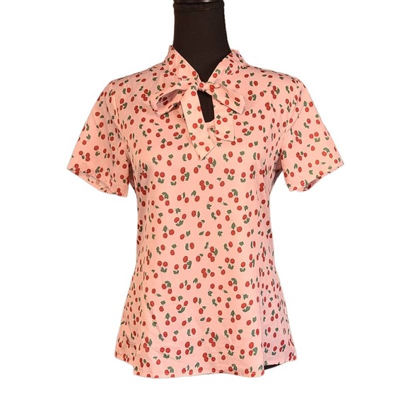 Allegra K Tops - Cherry print top, tie at neck light pink size Small